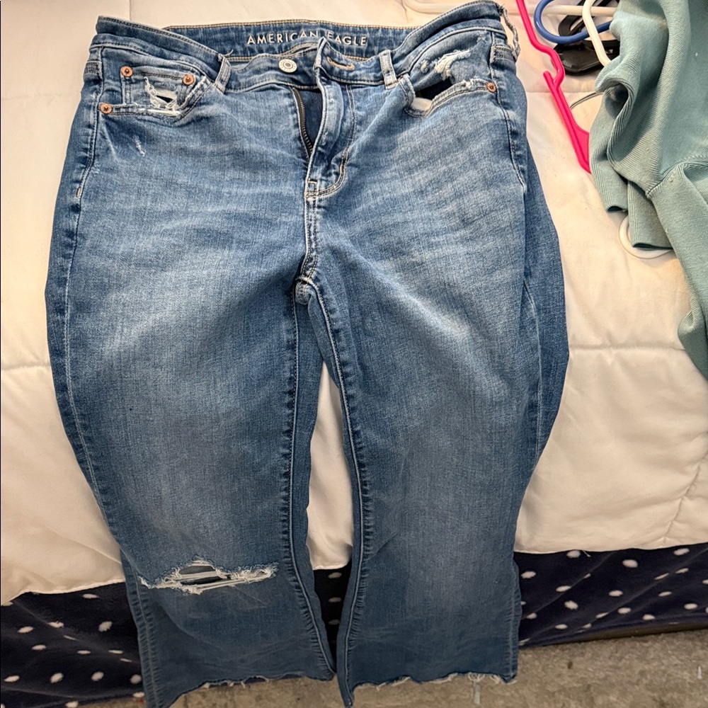 American Eagle Outfitters Women's Distressed Straight Leg Jeans - Blue